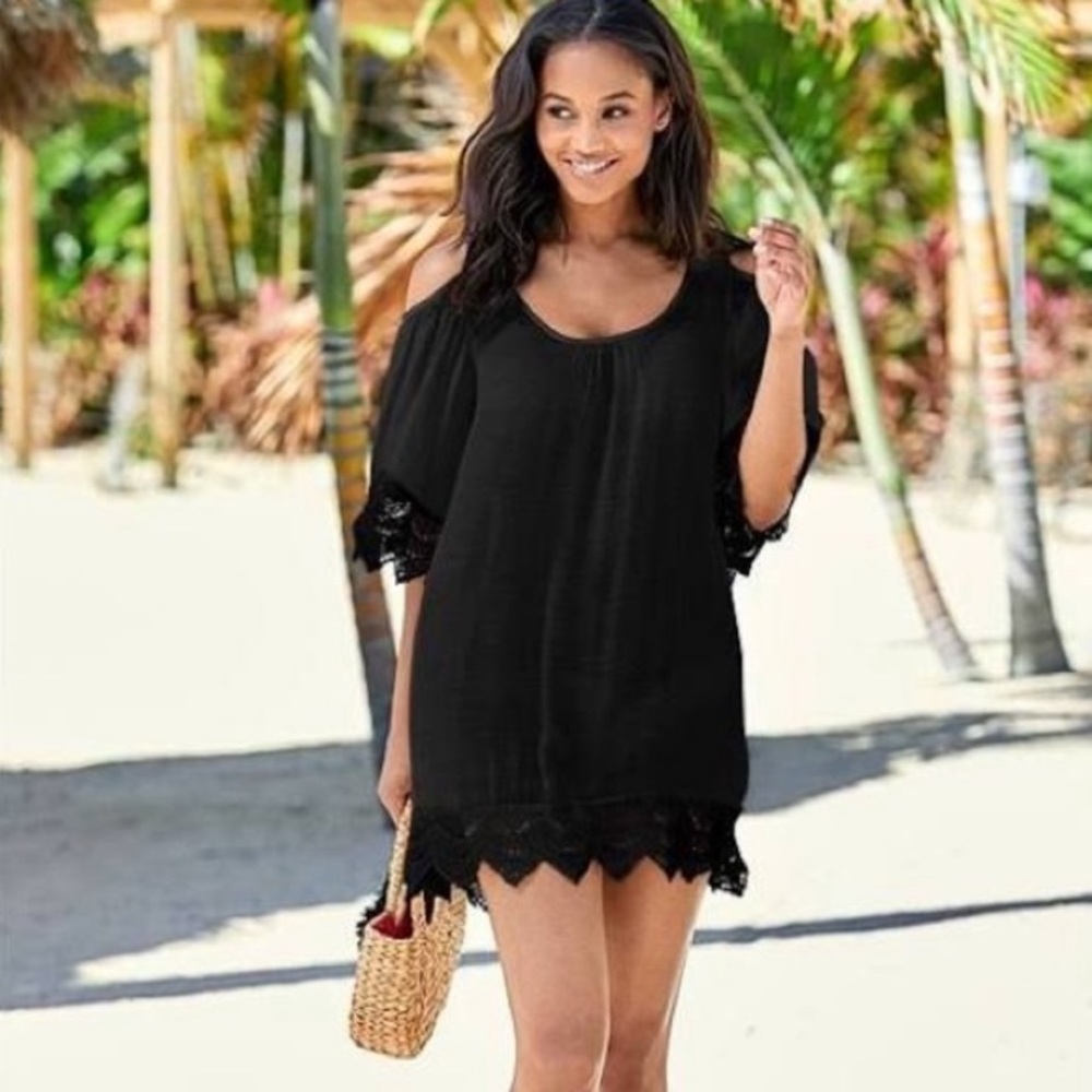 Black crochet trimmed cold shoulder swimwear coverup Size Small S